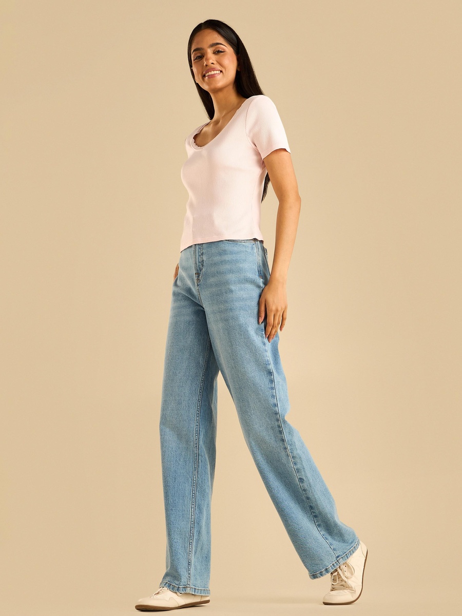 Ribbed T-Shirt with Lace Trim
