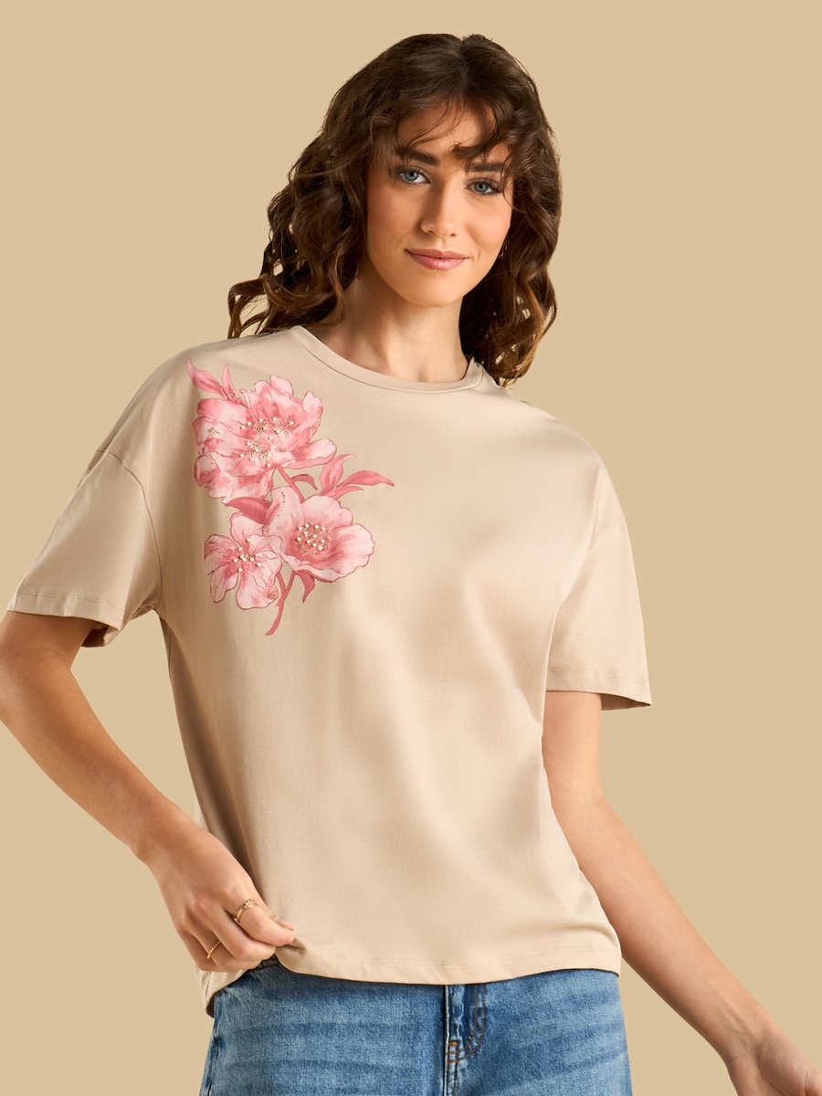 Pearl Embellished Floral Print T-Shirt