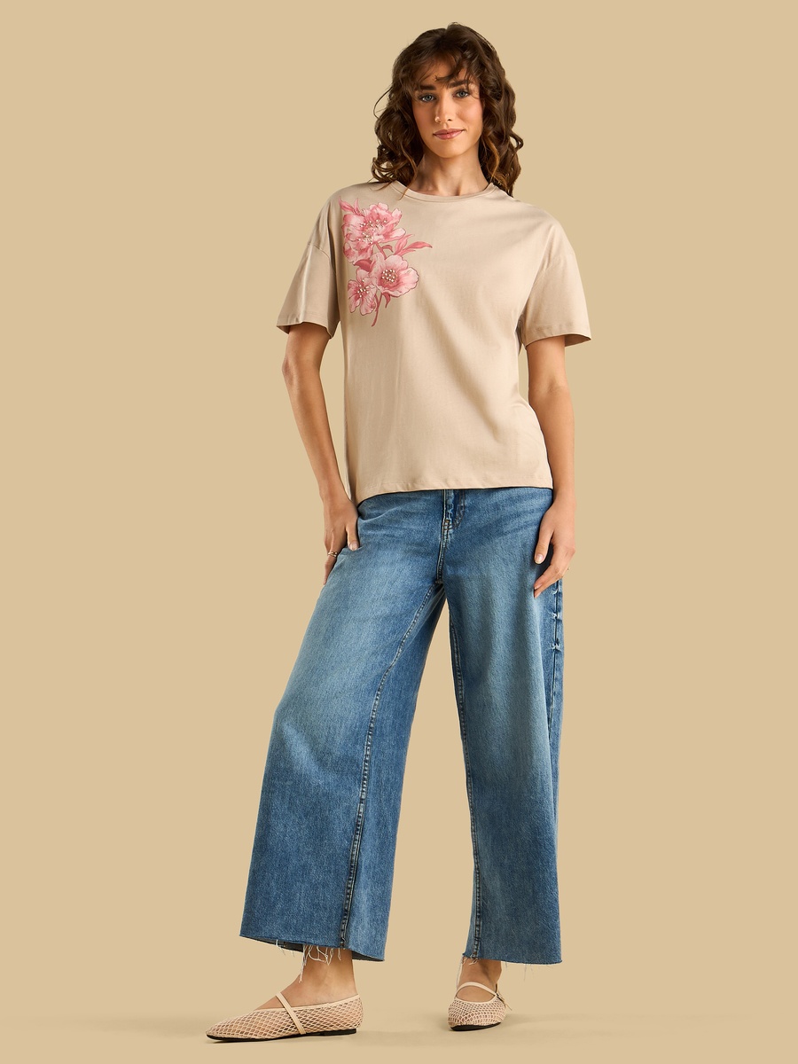Pearl Embellished Floral Print T-Shirt