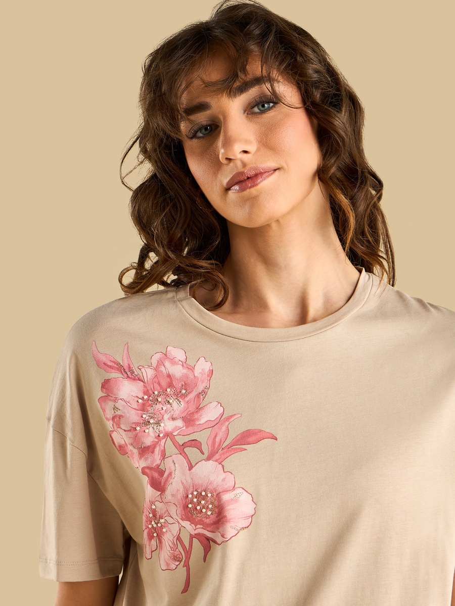 Pearl Embellished Floral Print T-Shirt