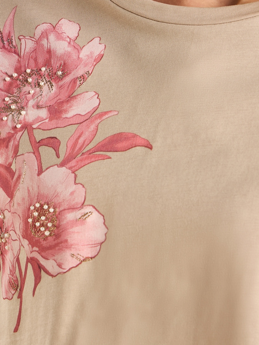 Pearl Embellished Floral Print T-Shirt