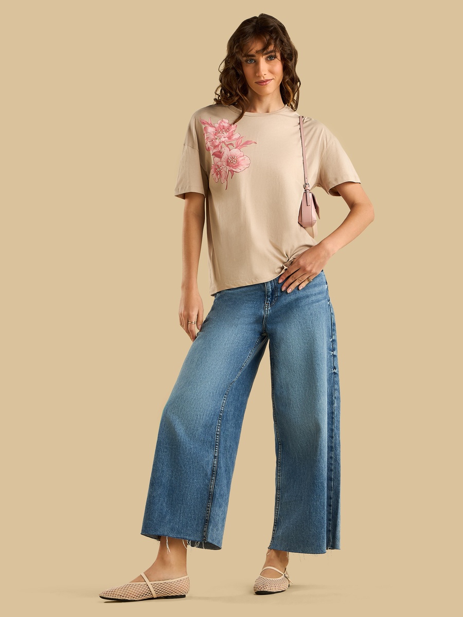 Pearl Embellished Floral Print T-Shirt