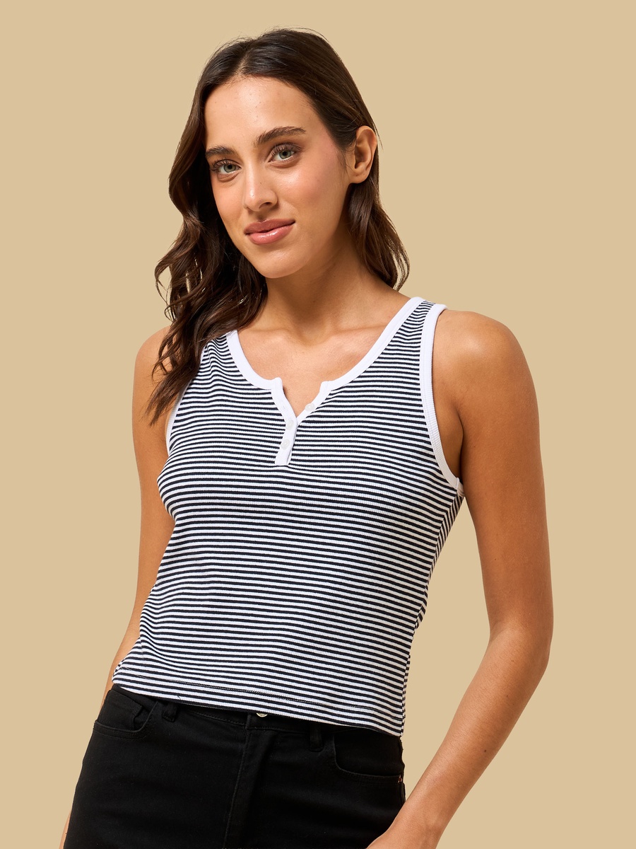 Striped Henley Neck Tank Top