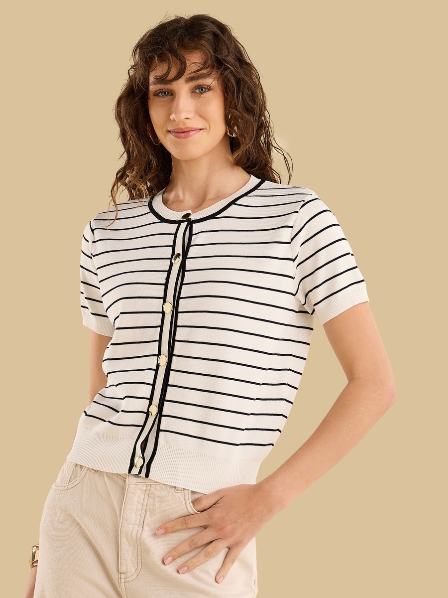 Striped Button Detail Top