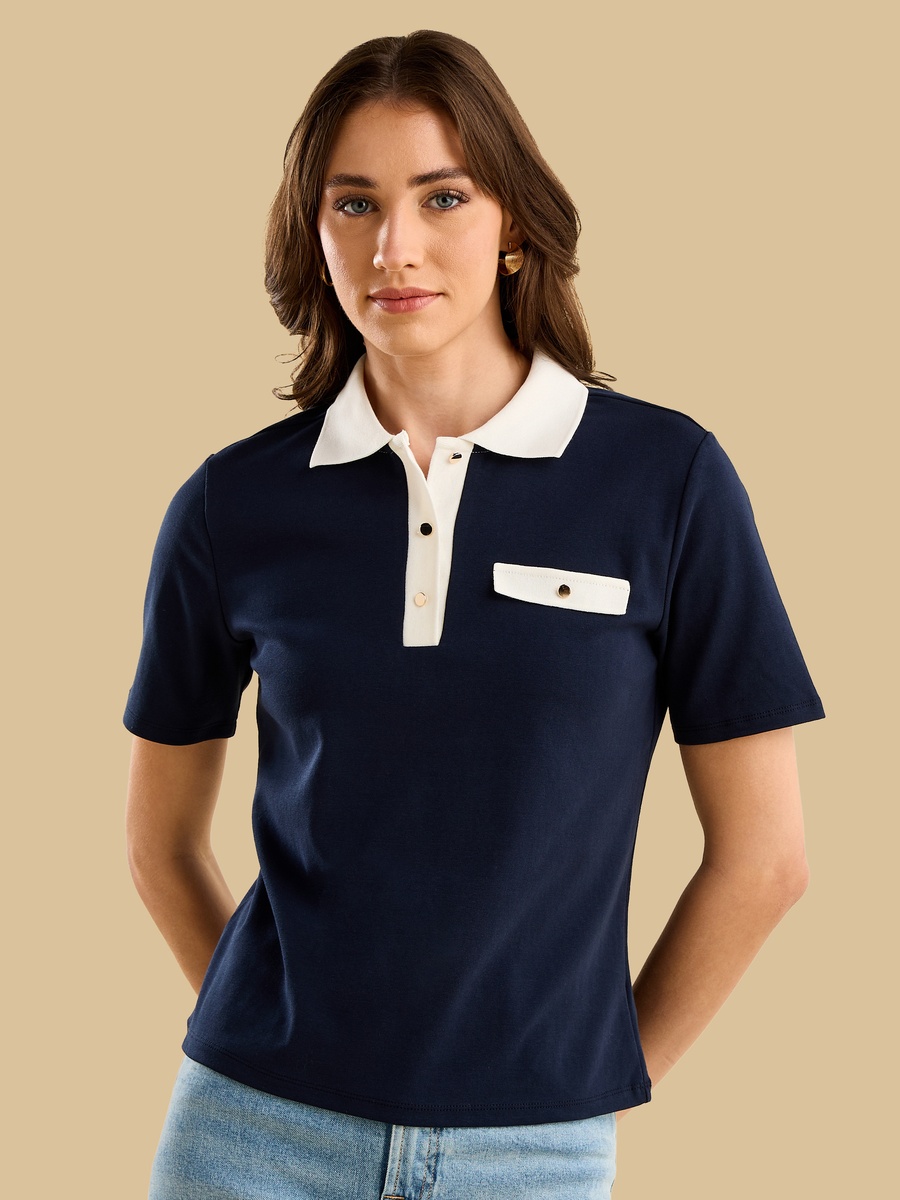 Contrast Polo Neck Top