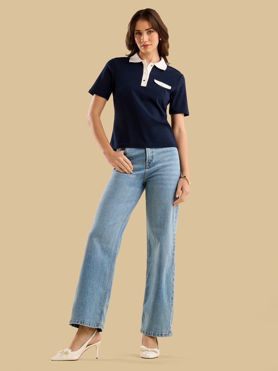 Contrast Polo Neck Top