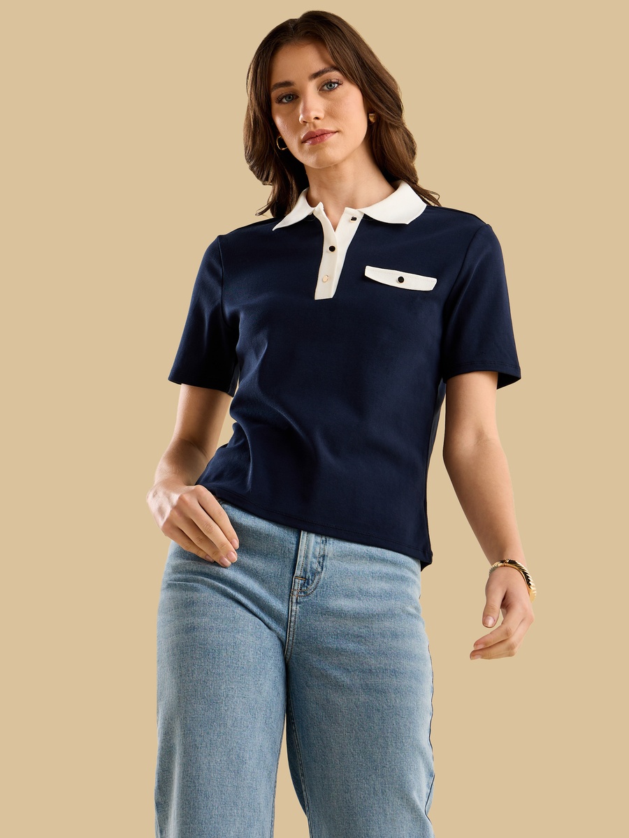 Contrast Polo Neck Top