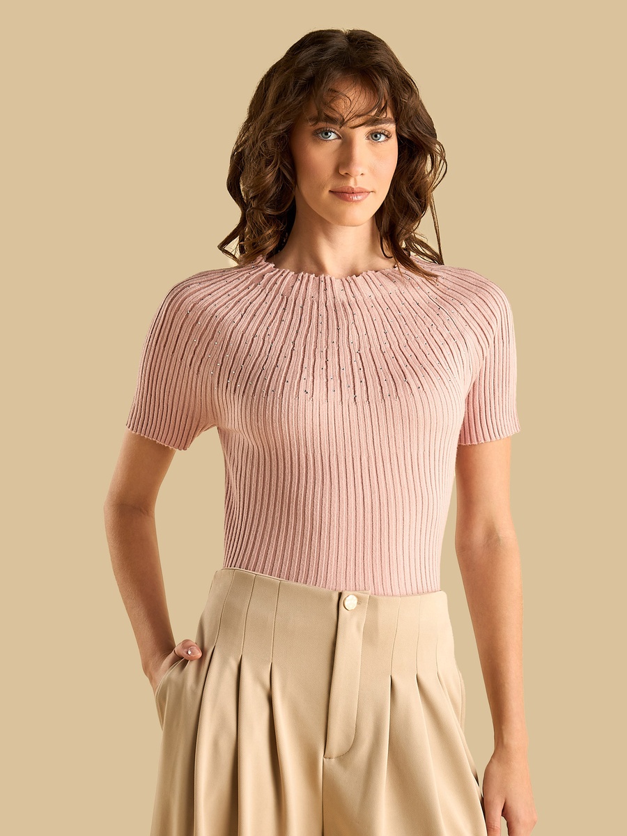 Ribbed Embellished Top with Boat Neck