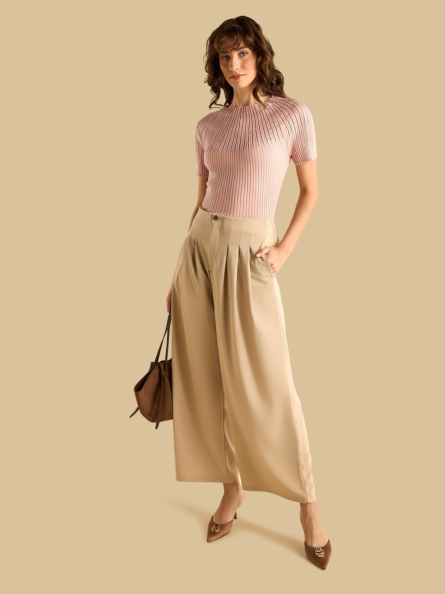 Ribbed Embellished Top with Boat Neck