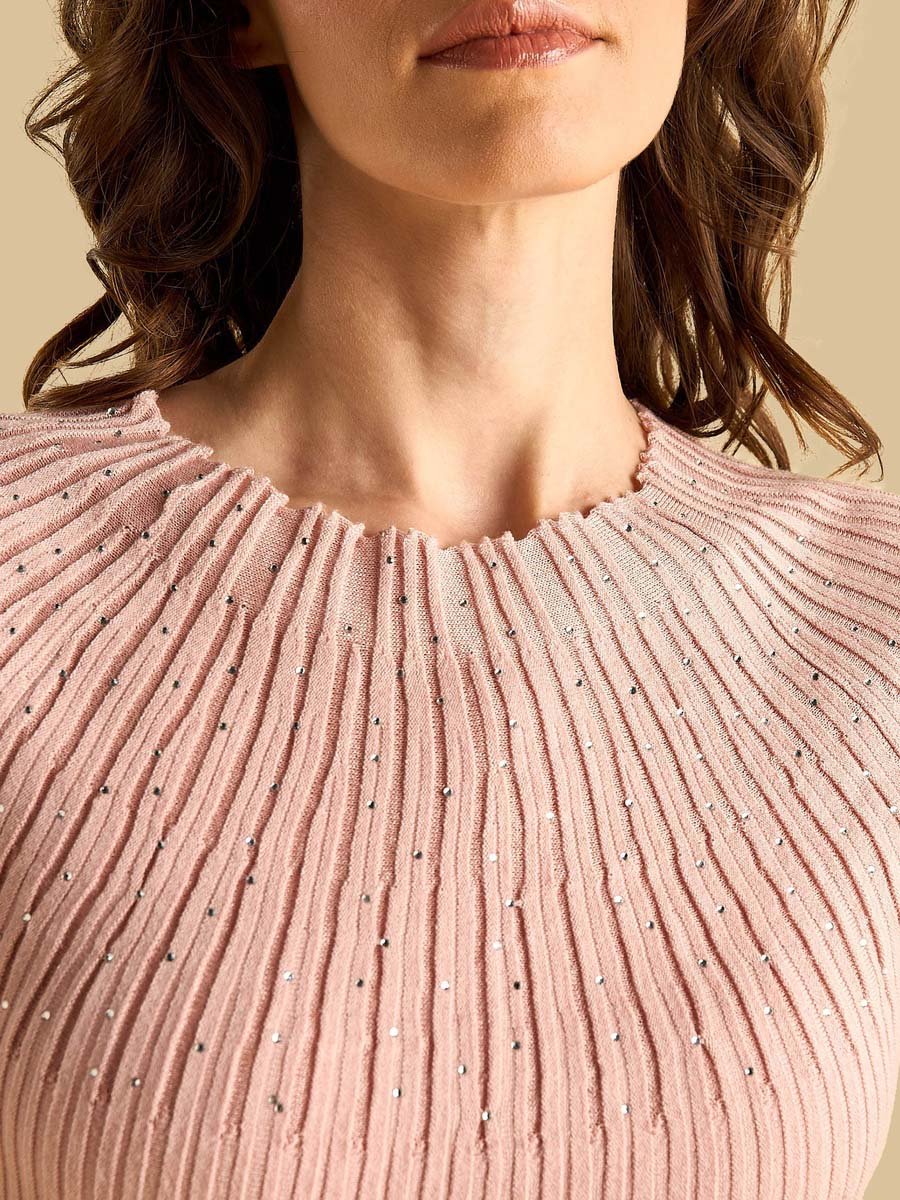 Ribbed Embellished Top with Boat Neck