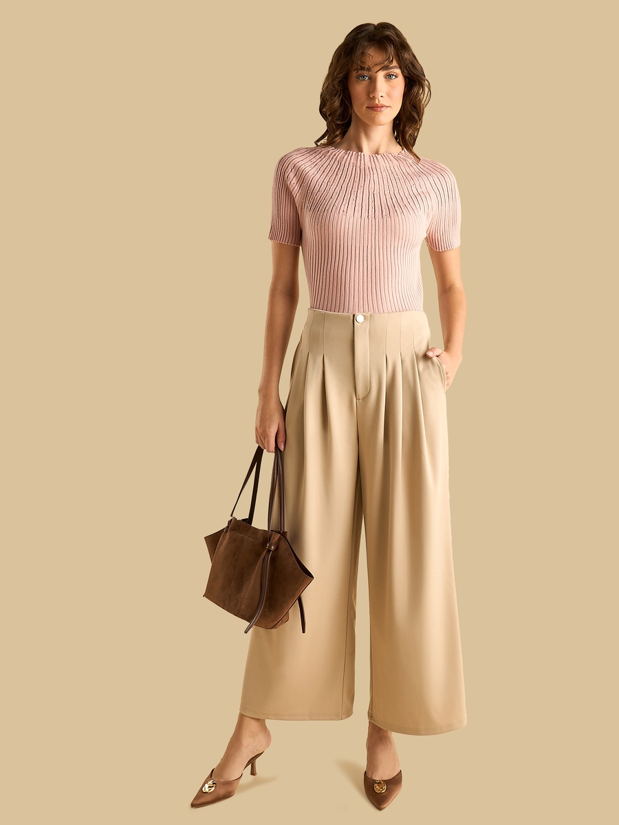 Ribbed Embellished Top with Boat Neck