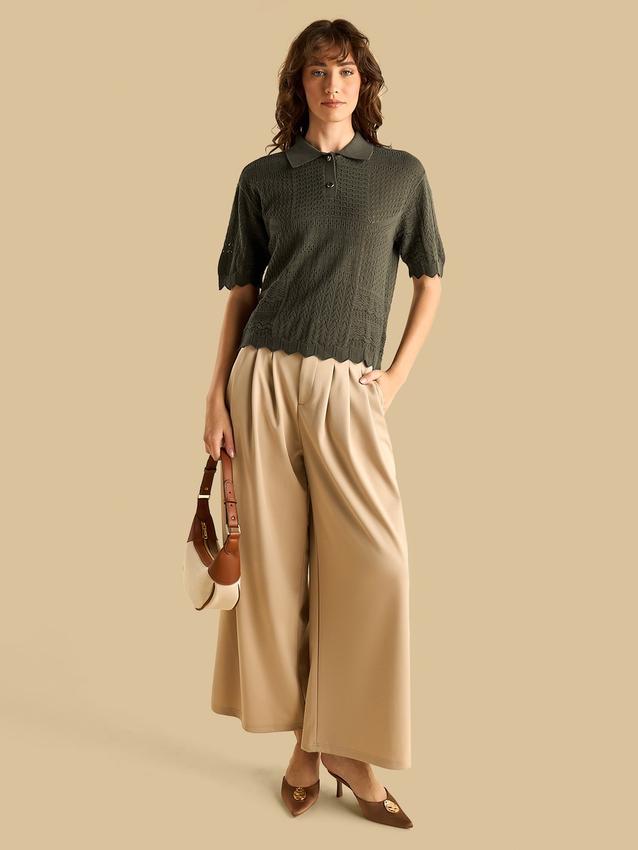 Textured Pointelle Polo Top