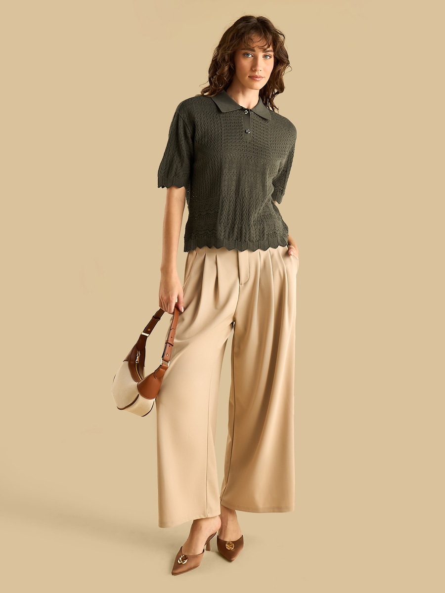 Textured Pointelle Polo Top