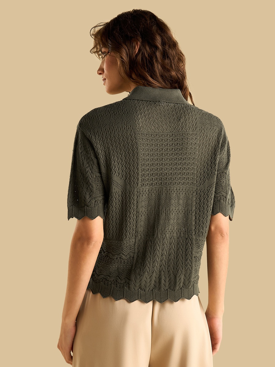 Textured Pointelle Polo Top