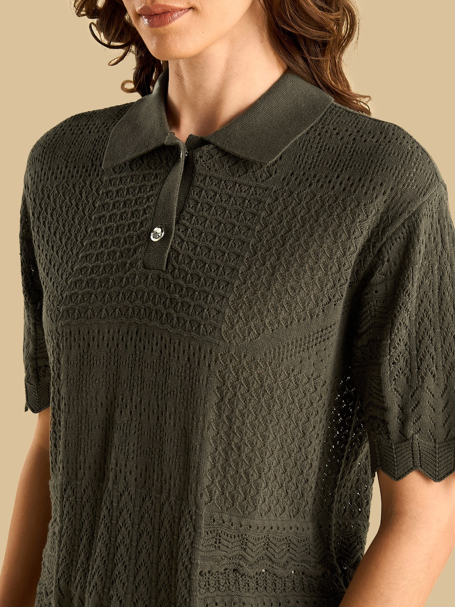 Textured Pointelle Polo Top