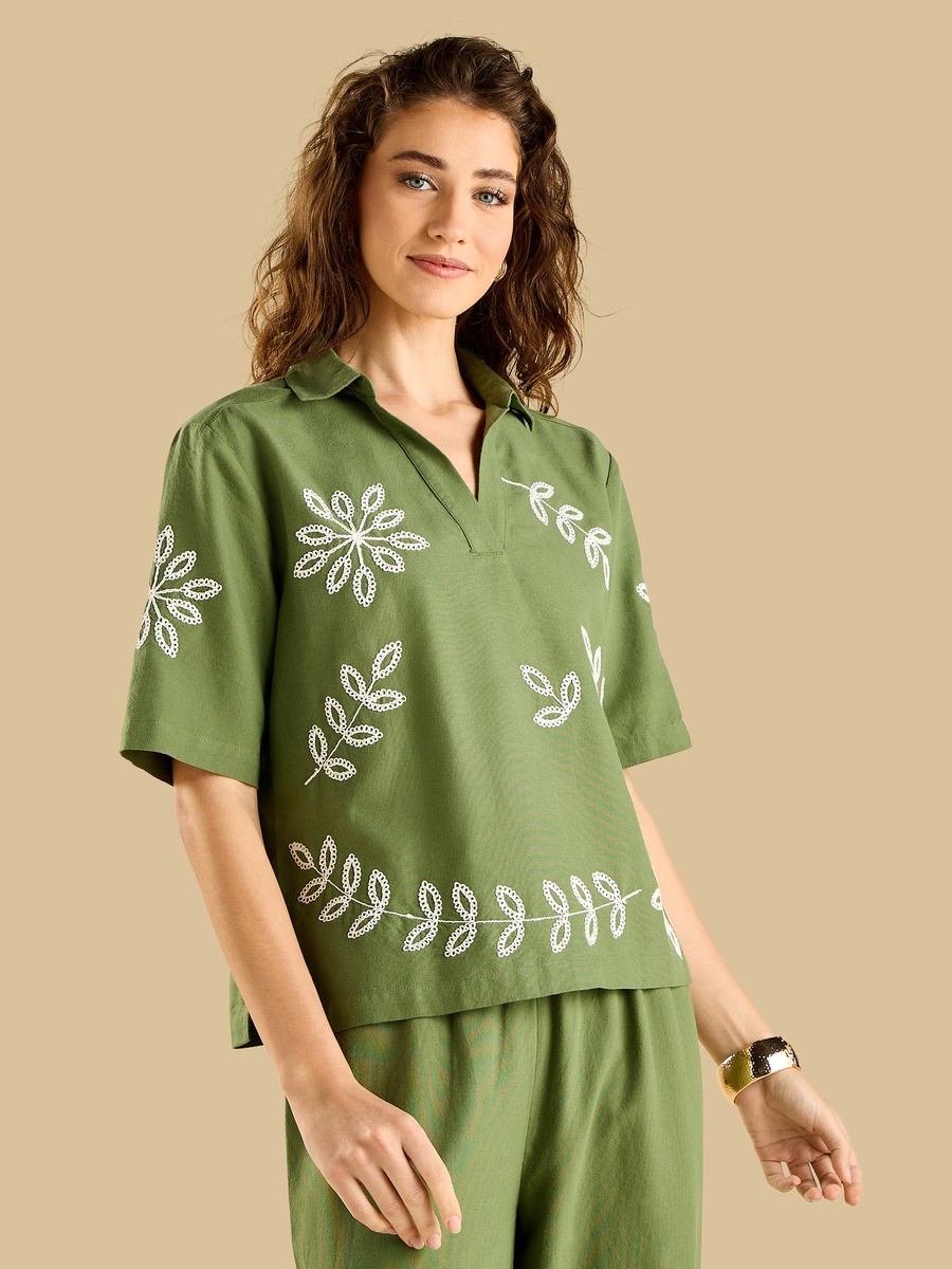 Embroidered Collared Top