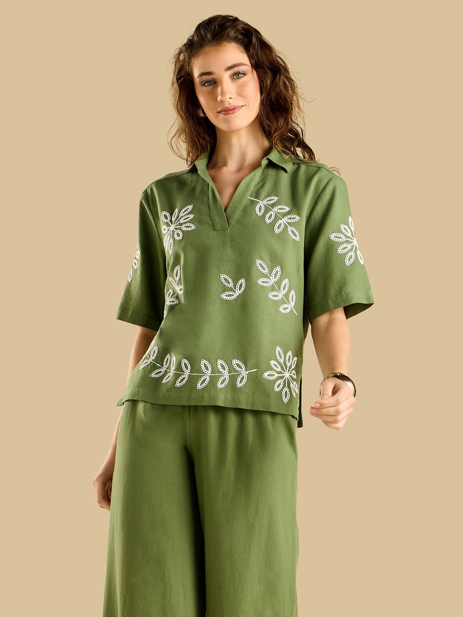 Embroidered Collared Top