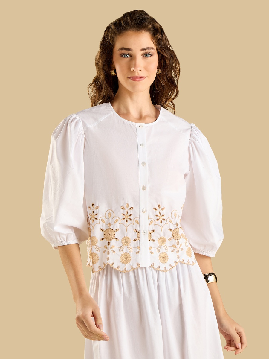 Embroidered Top with Puff Sleeves