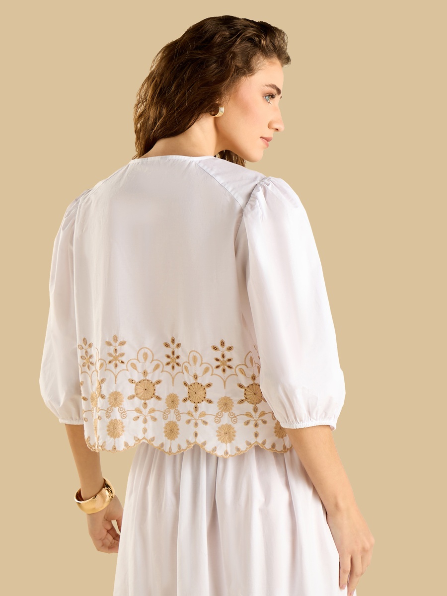 Embroidered Top with Puff Sleeves