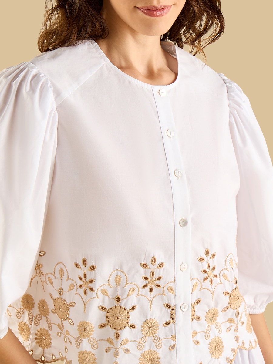 Embroidered Top with Puff Sleeves