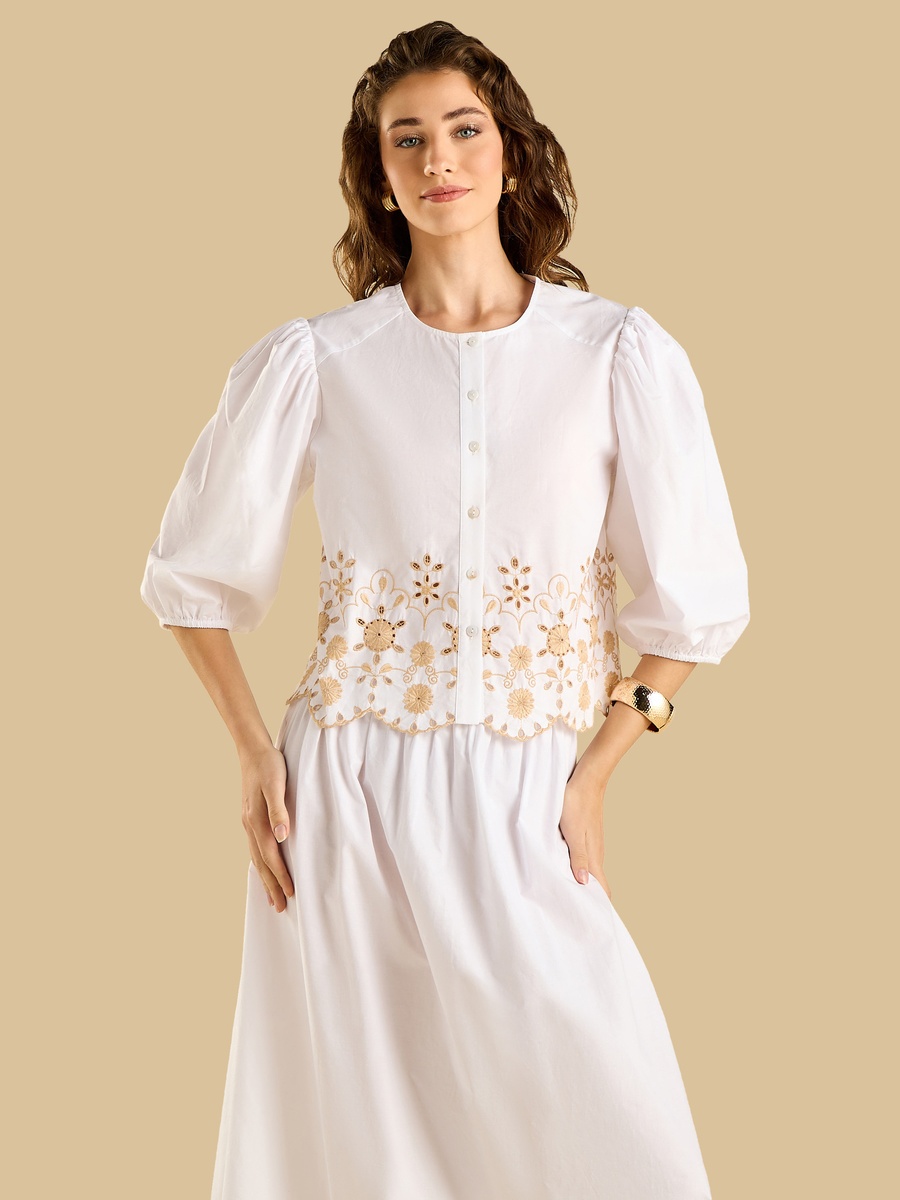 Embroidered Top with Puff Sleeves