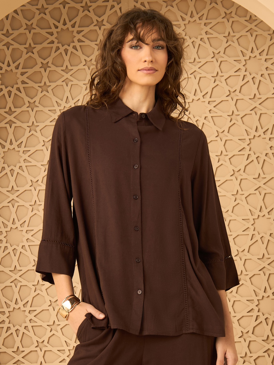 Linen Blend Shirt with Ladder Lace Detail
