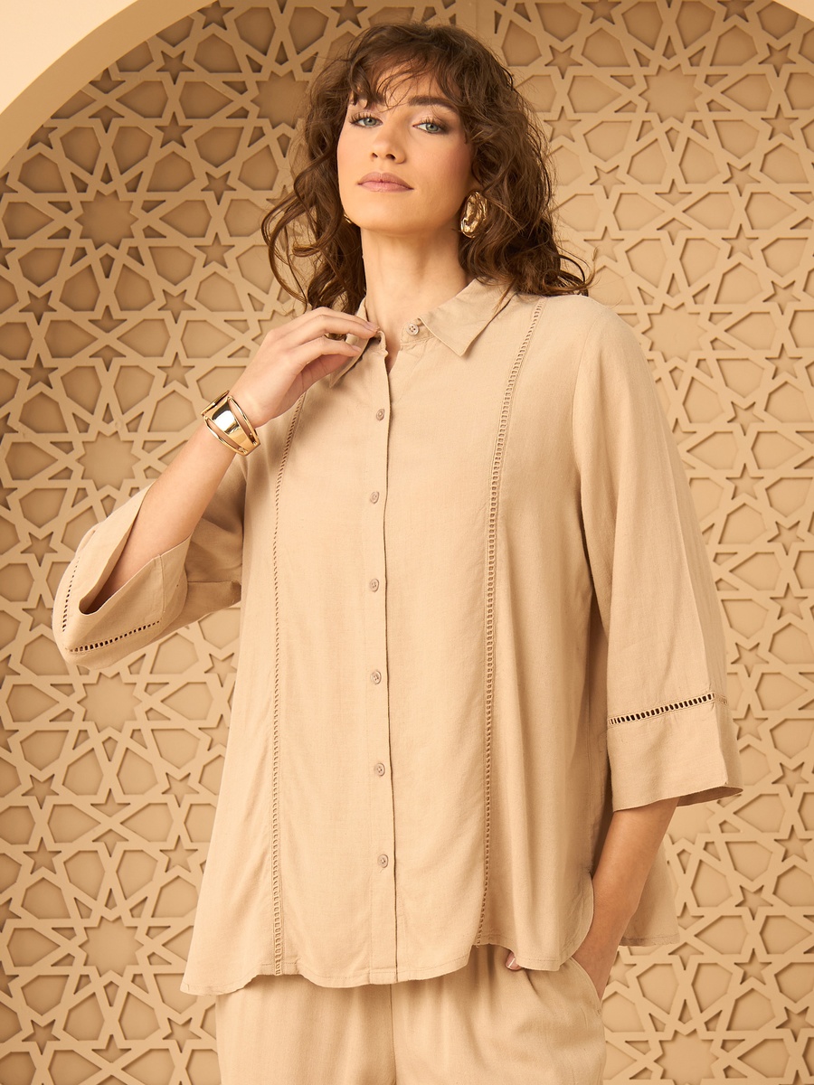 Linen Blend Shirt with Ladder Lace Detail