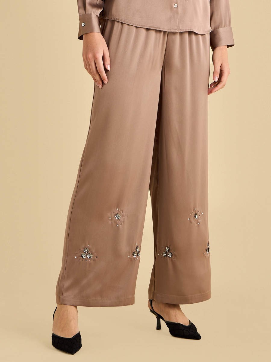 Embellished Satin Wide Leg Pants