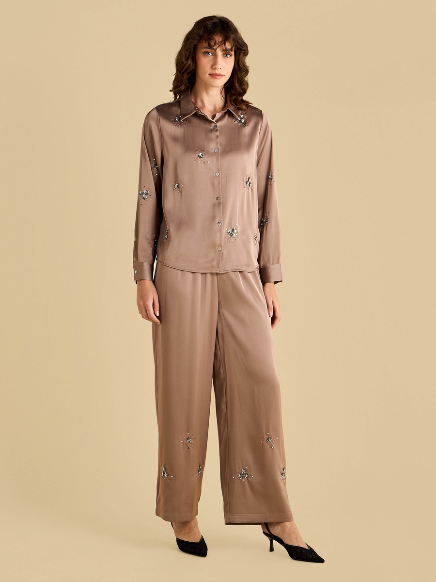 Embellished Satin Wide Leg Pants