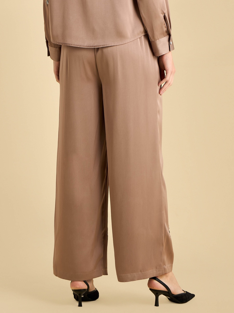 Embellished Satin Wide Leg Pants