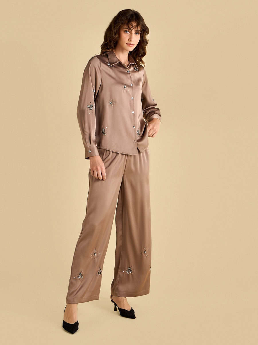 Embellished Satin Wide Leg Pants