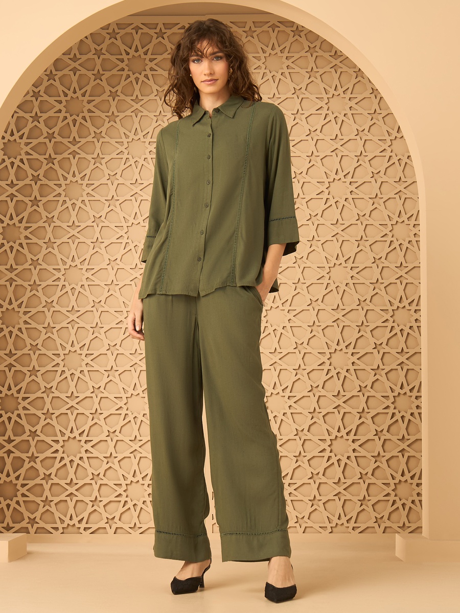 Wide Leg Linen Blend Pants with Ladder Lace Detail
