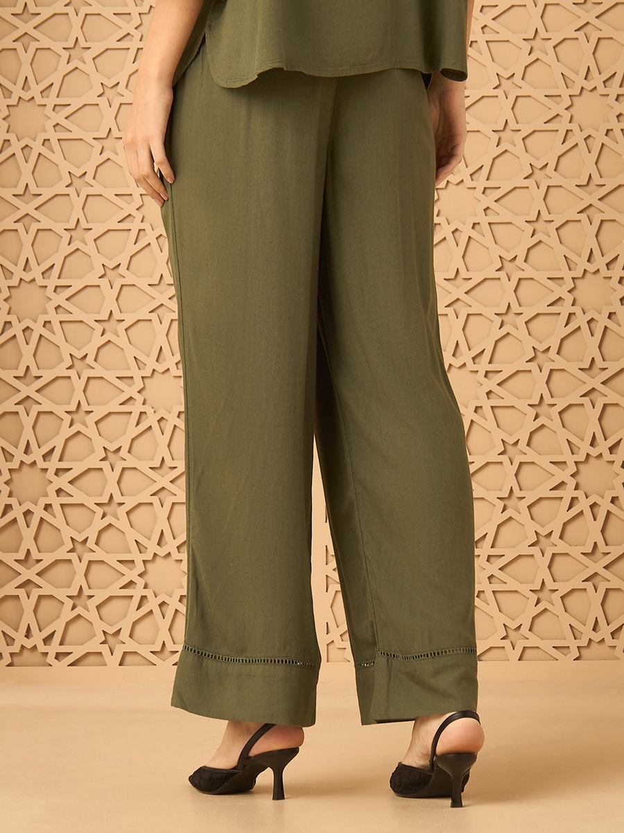 Wide Leg Linen Blend Pants with Ladder Lace Detail