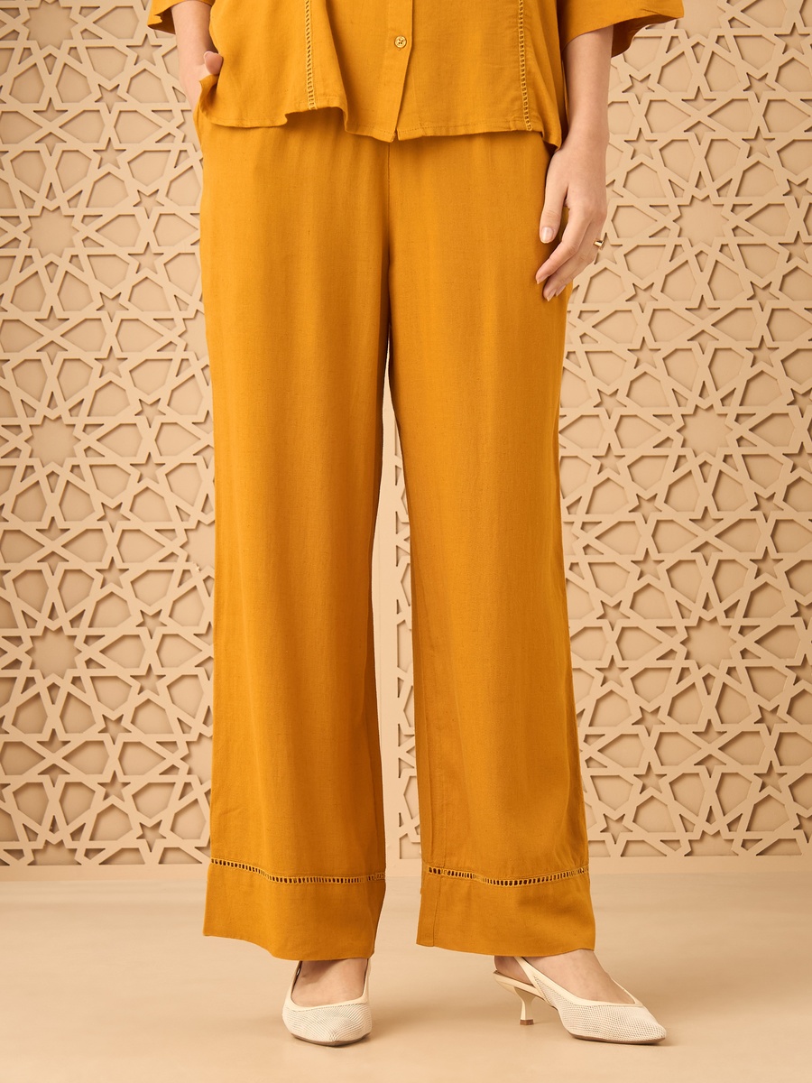 Wide Leg Linen Blend Pants With Ladder Lace Detail