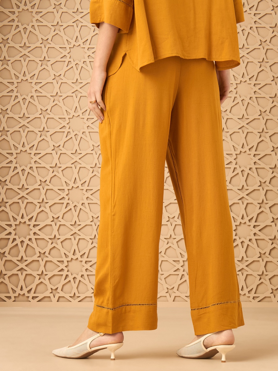Wide Leg Linen Blend Pants With Ladder Lace Detail