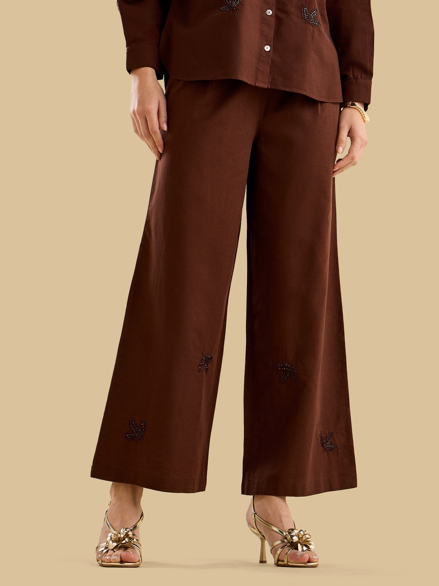 Wide Leg Embellished Linen Blend Pants