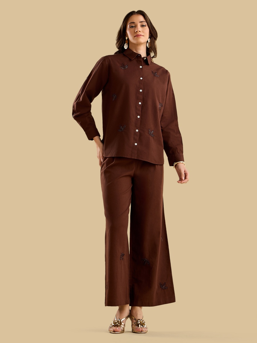 Wide Leg Embellished Linen Blend Pants