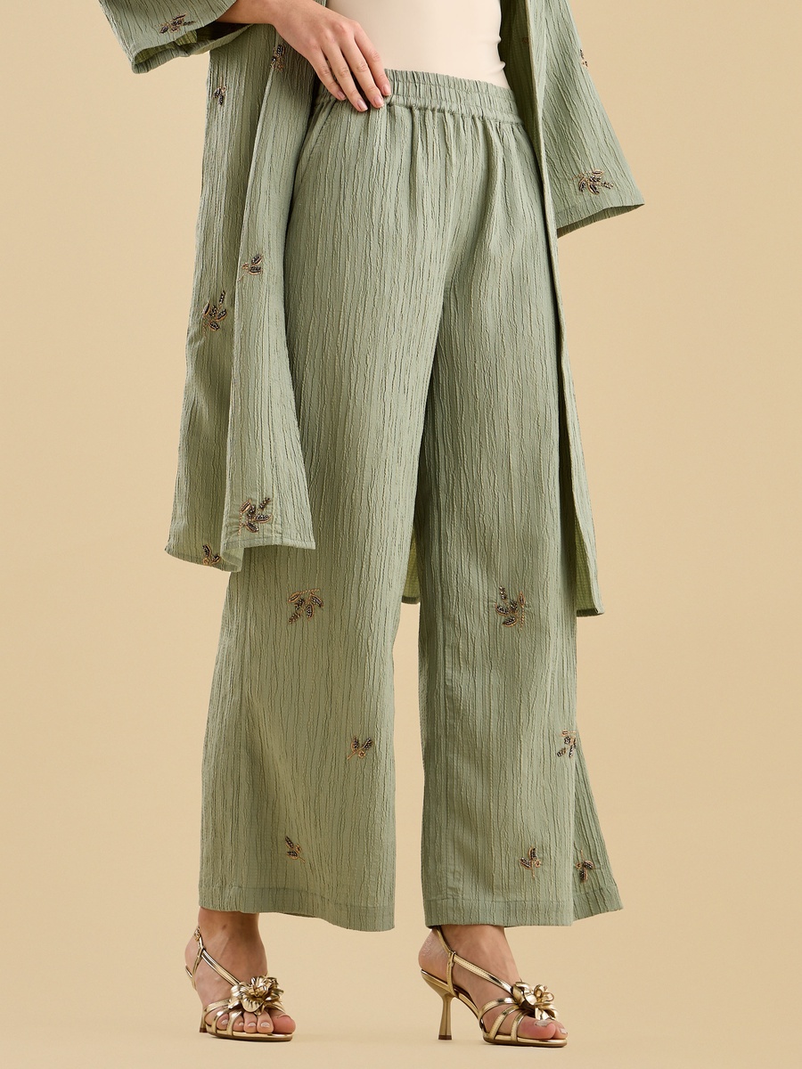 Embellished Textured Wide Leg Pants