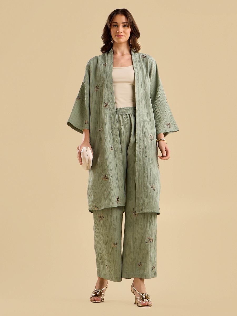 Embellished Textured Wide Leg Pants