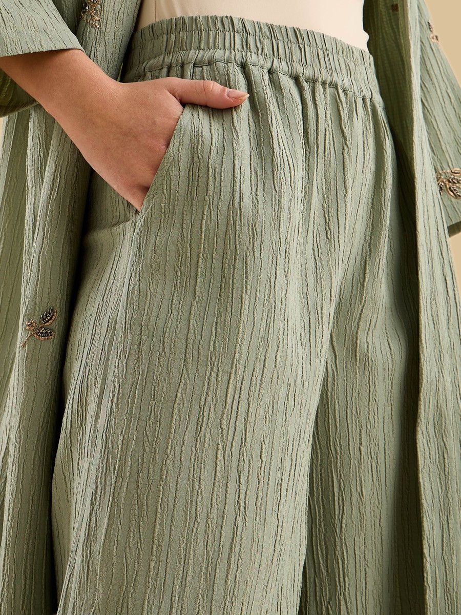 Embellished Textured Wide Leg Pants