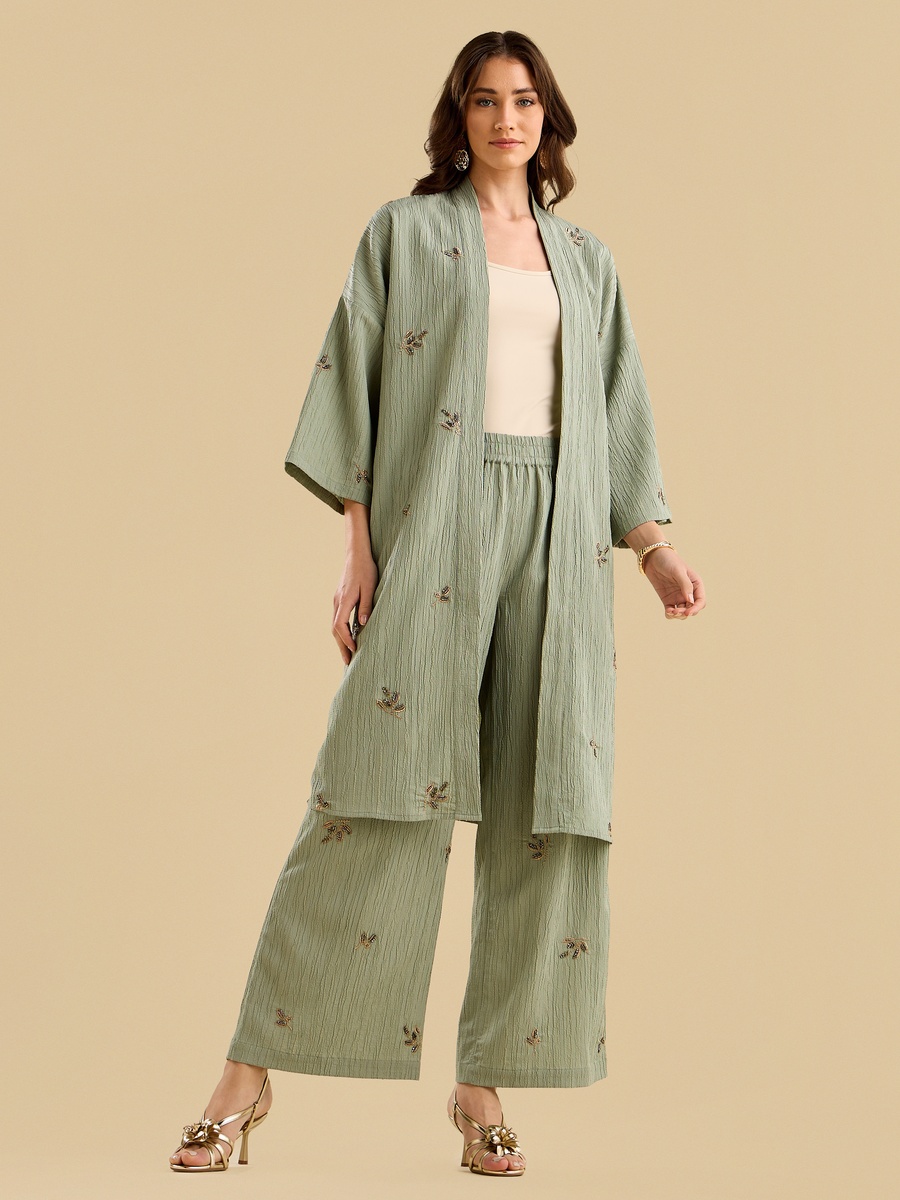 Embellished Textured Wide Leg Pants