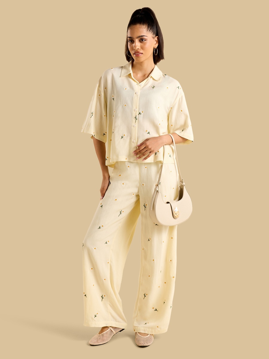 Floral Embroidered Wide Leg Pants