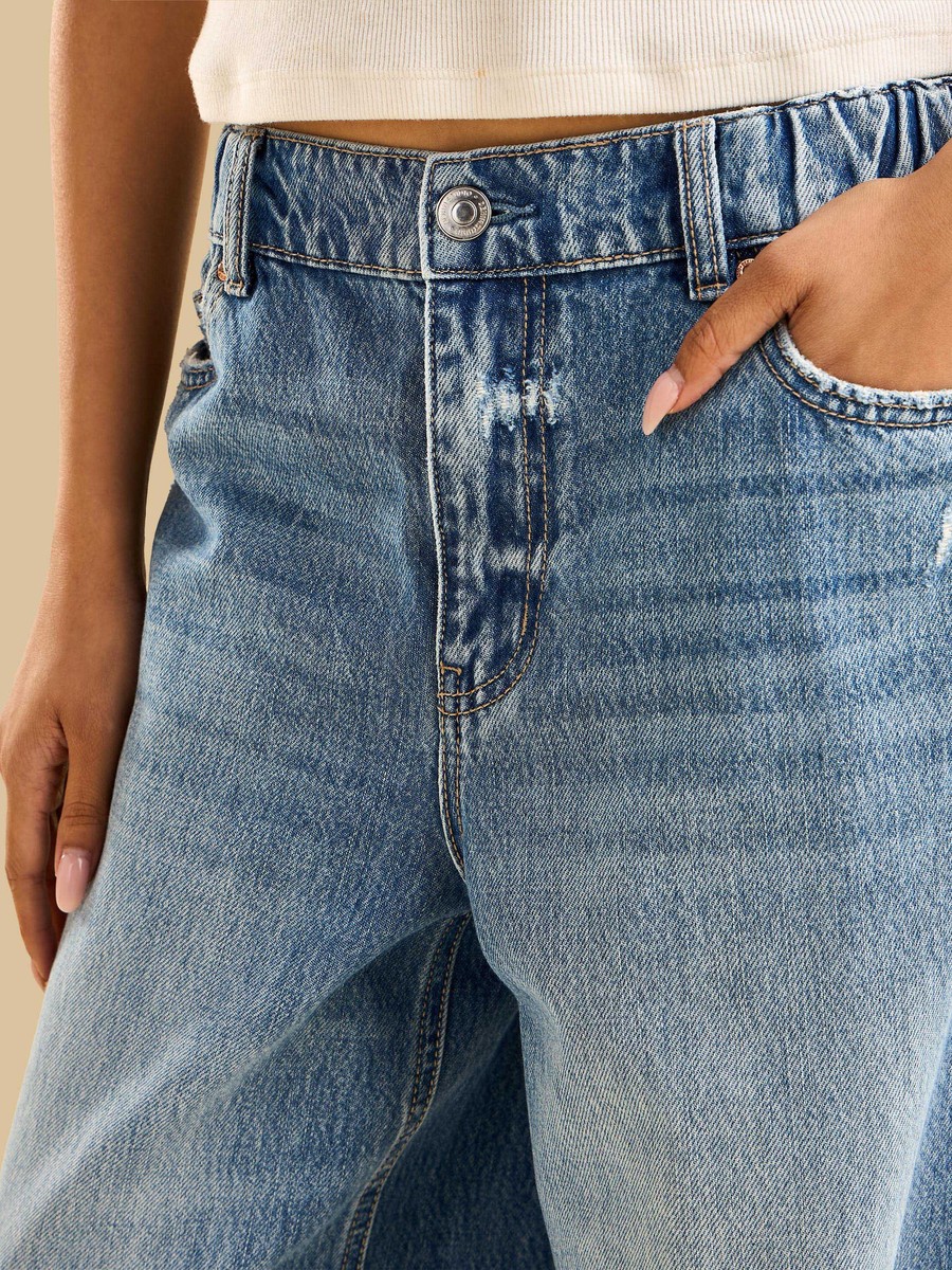 بنطال جينز أرجل واسعة قصة واسعة بخصر مطاطي