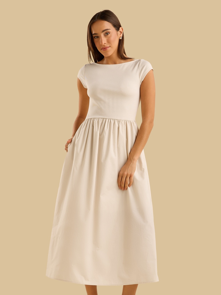 Ribbed Boat Neck Dress with Cap Sleeves