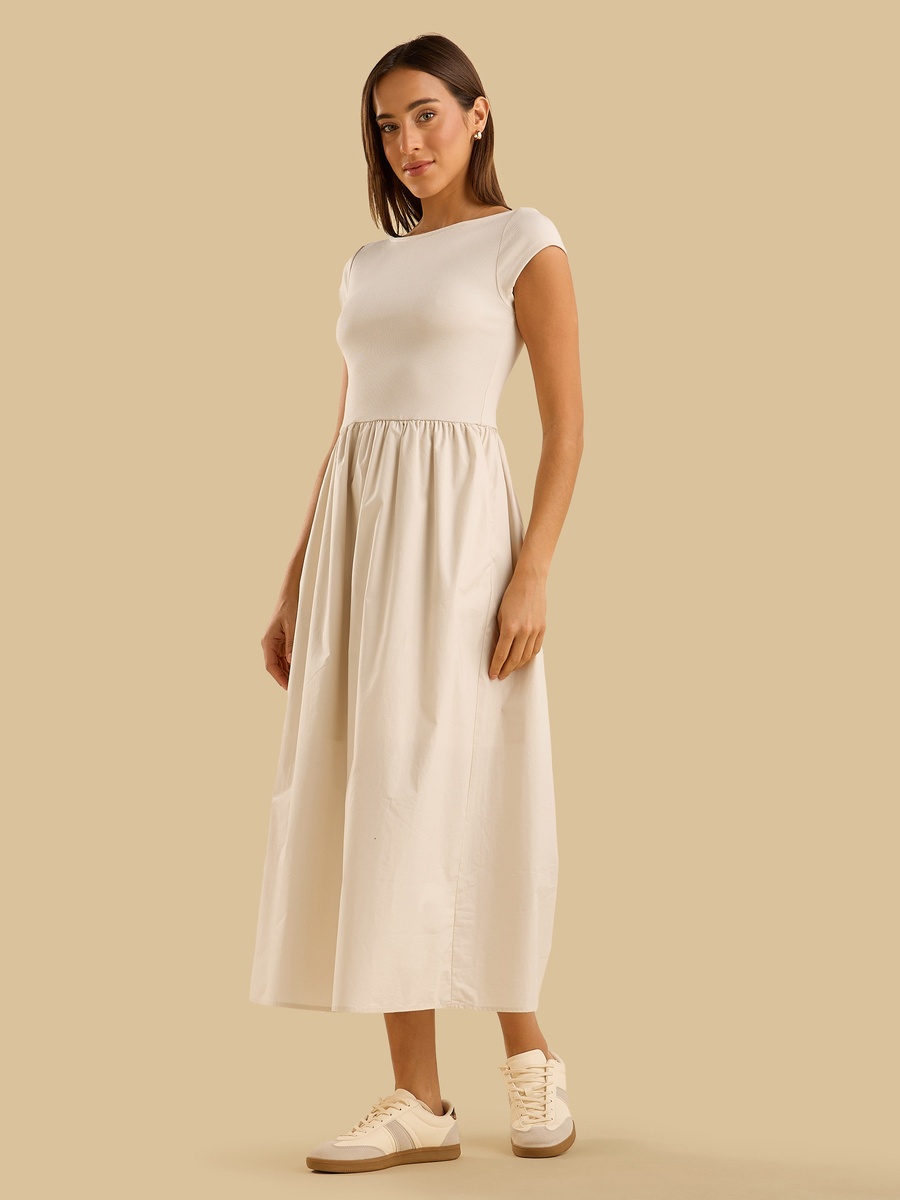 Ribbed Boat Neck Dress with Cap Sleeves