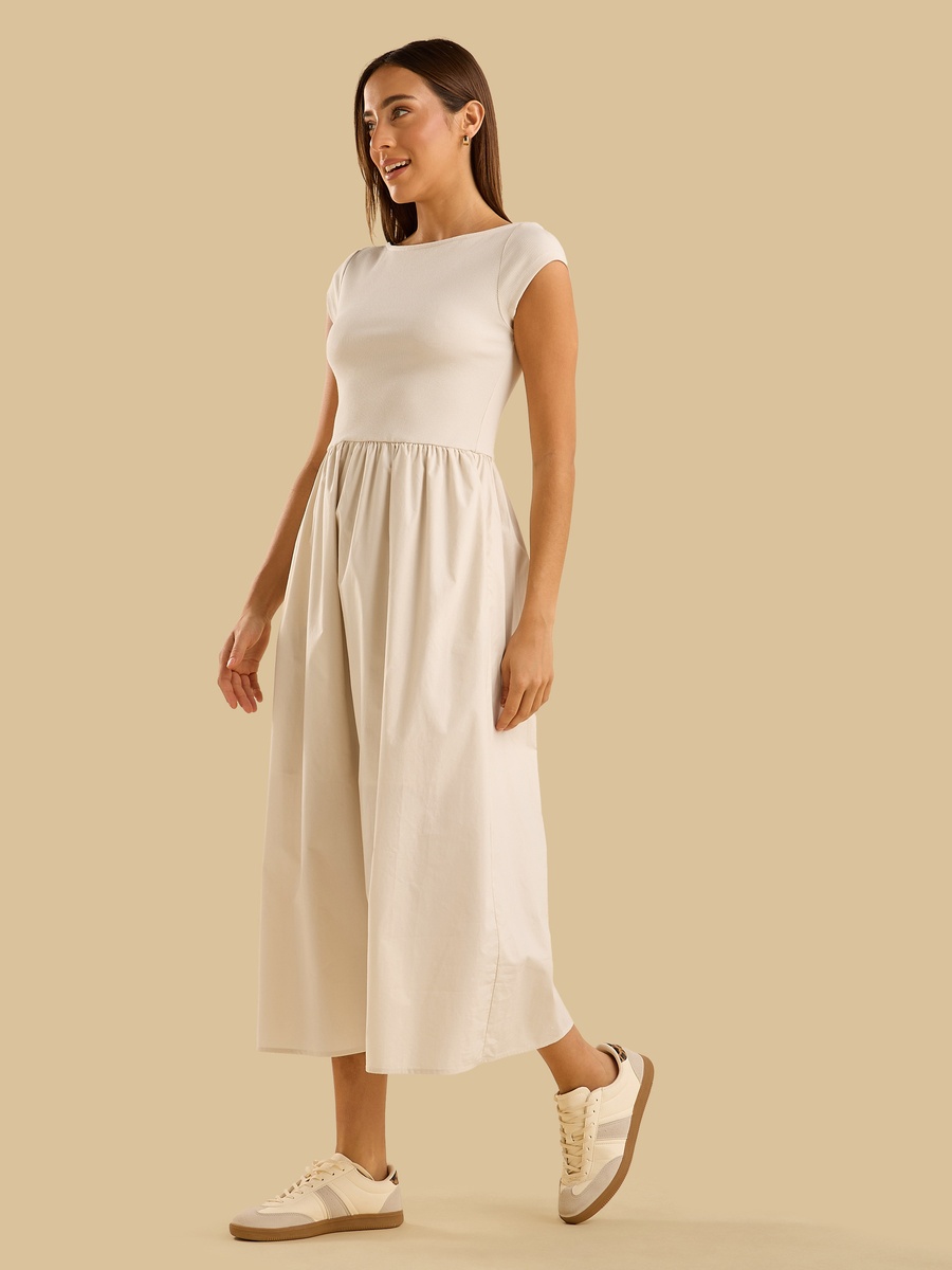Ribbed Boat Neck Dress with Cap Sleeves