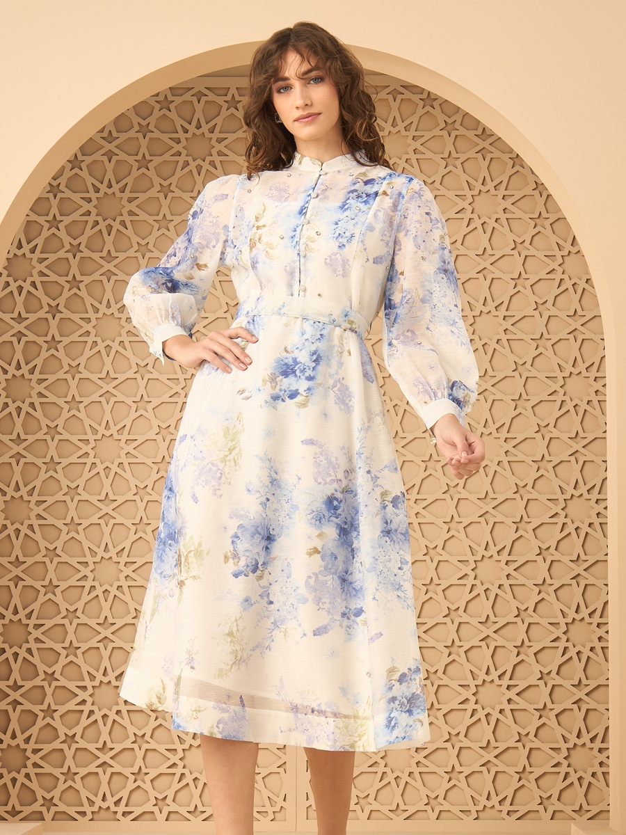 Long Sleeve  Floral Print Midi Dress With Embellishment