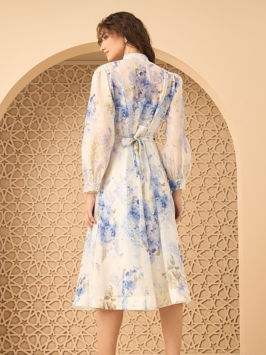 Long Sleeve  Floral Print Midi Dress With Embellishment