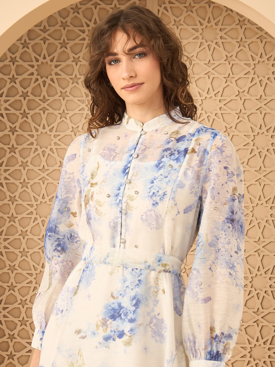 Long Sleeve  Floral Print Midi Dress With Embellishment