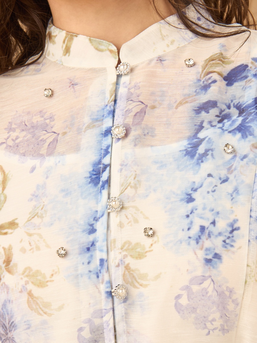 Long Sleeve  Floral Print Midi Dress With Embellishment